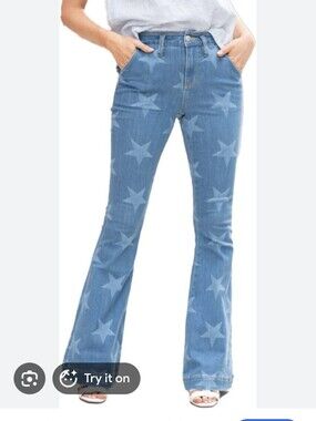 Miss Me Star-Print High-Rise Flare Jeans